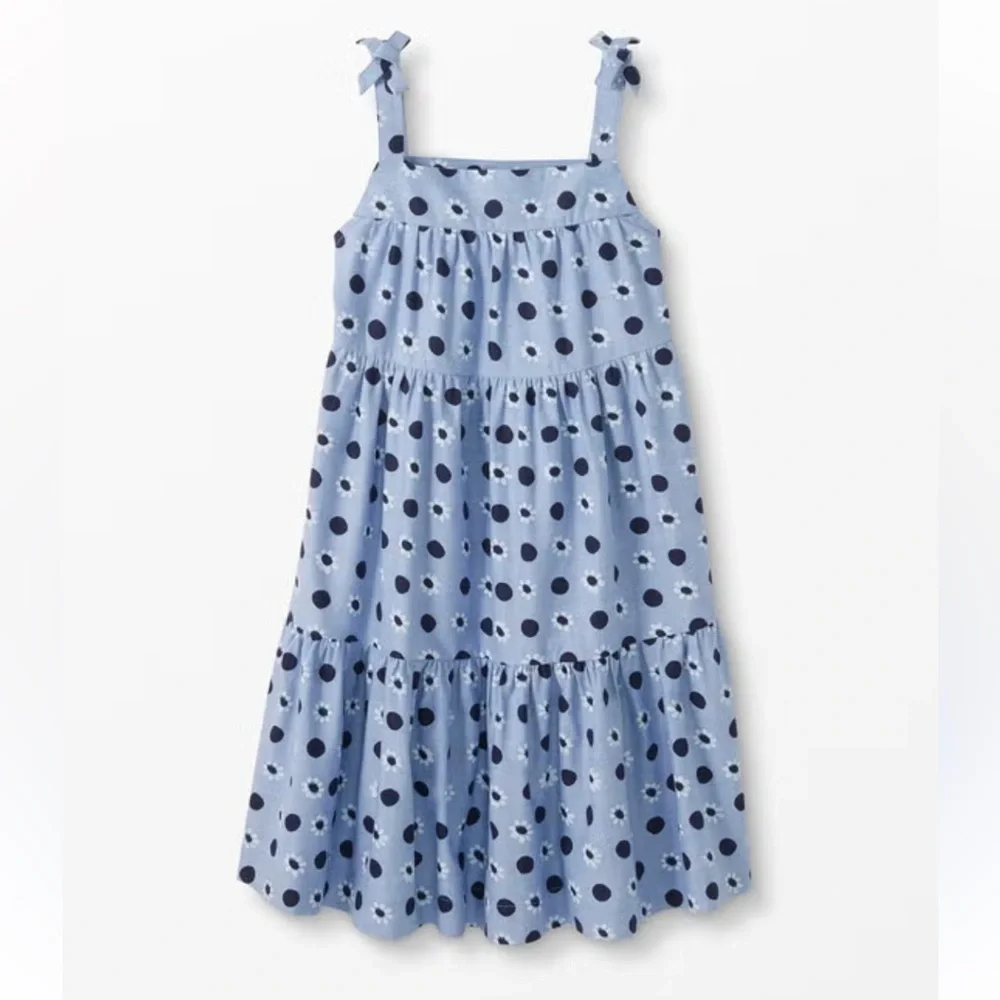 🌟HANNA ANDERSSON🌟 GIRLS CHAMBRAY FLORAL POLKA DOT TIERED SUN DRESS BLUE SZ 10